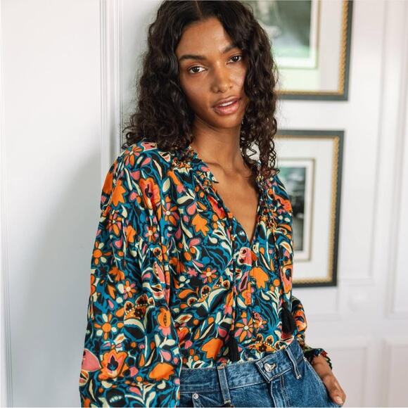 Cleobella Kaitlyn Floral Print Button Front Tassels Organic Cotton Blouse Small - Picture 2 of 16